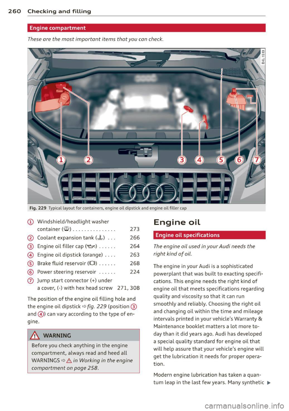 AUDI Q7 2012  Owner´s Manual 260  Checking  and  filling 
Engine  compartment 
These are the  most  important  items  that  you  can check . 
Fig. 229 Typical layout  for  containers,  engine oil  di pstick  and engin e oil  fill