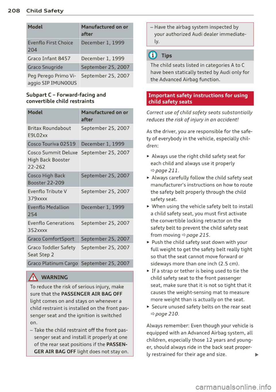 AUDI Q7 2013 Owner´s Manual 208 Child Safety
-Model Manufactured on or
after
Evenflo First Choice December 1, 1999
204
Graco Infant 8457 December 1, 1999
Graco Snugride September 25, 2007
Peg Perego Prim AUDI Q7 2013 Owner´s Manual 208 Child Safety
-Model Manufactured on or
after
Evenflo First Choice December 1, 1999
204
Graco Infant 8457 December 1, 1999
Graco Snugride September 25, 2007
Peg Perego Prim