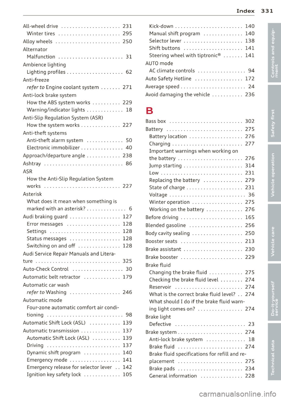 AUDI Q7 2013 Owner´s Manual All-wheel drive ..... .... ... .. .. .. ... 231
Winter tires . ... .. .... ... .. .. .. ... 295
Alloy whee ls . ............. .... .. ... 2 50
Alternator Malfunct io n . . . . . . . . AUDI Q7 2013 Owner´s Manual All-wheel drive ..... .... ... .. .. .. ... 231
Winter tires . ... .. .... ... .. .. .. ... 295
Alloy whee ls . ............. .... .. ... 2 50
Alternator Malfunct io n . . . . . . . .