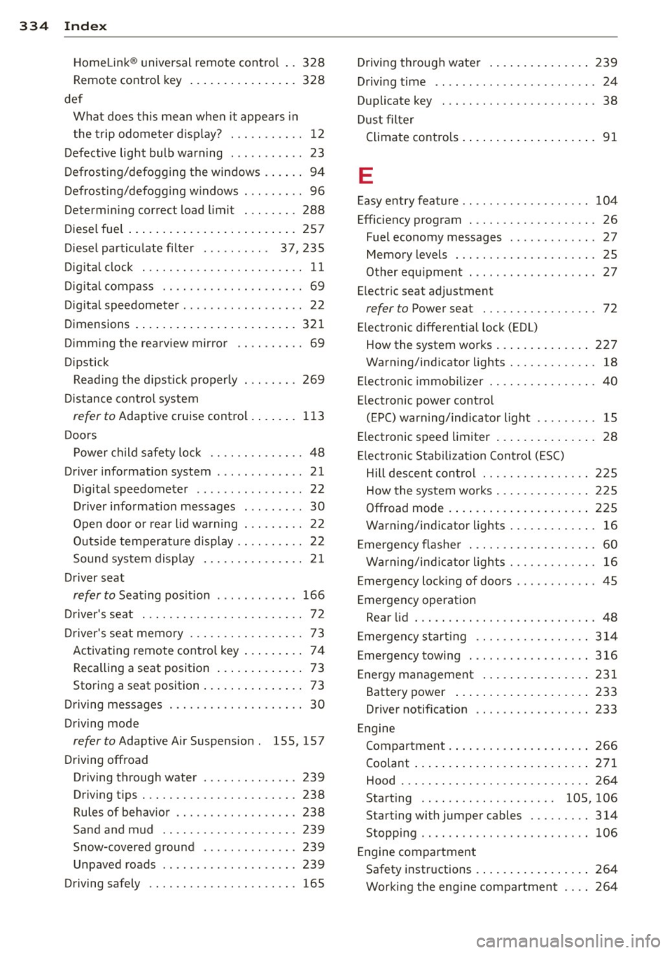 AUDI Q7 2013  Owner´s Manual 334  Index 
------------------------------------
Homelink® universal  remote  control  ..  328 
Remote  control key  ................  328 
def  What  does this  mean when  it appea rs  in 
the  trip