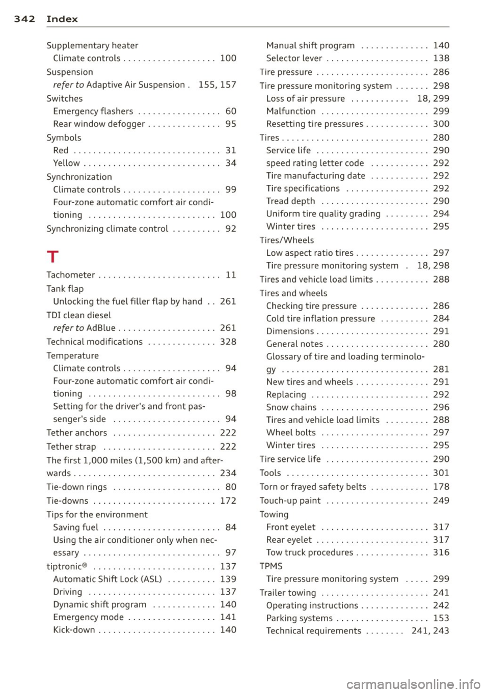 AUDI Q7 2013  Owner´s Manual 342  Index 
Supplementary  heater 
Climate  controls  . . . . . . .  . . .  . .  . .  . . . .  . 
100 
Suspension 
refer  to Adaptive  Air  Suspension  .  lSS , 157 
Switches 
Emergency  flashers . . 