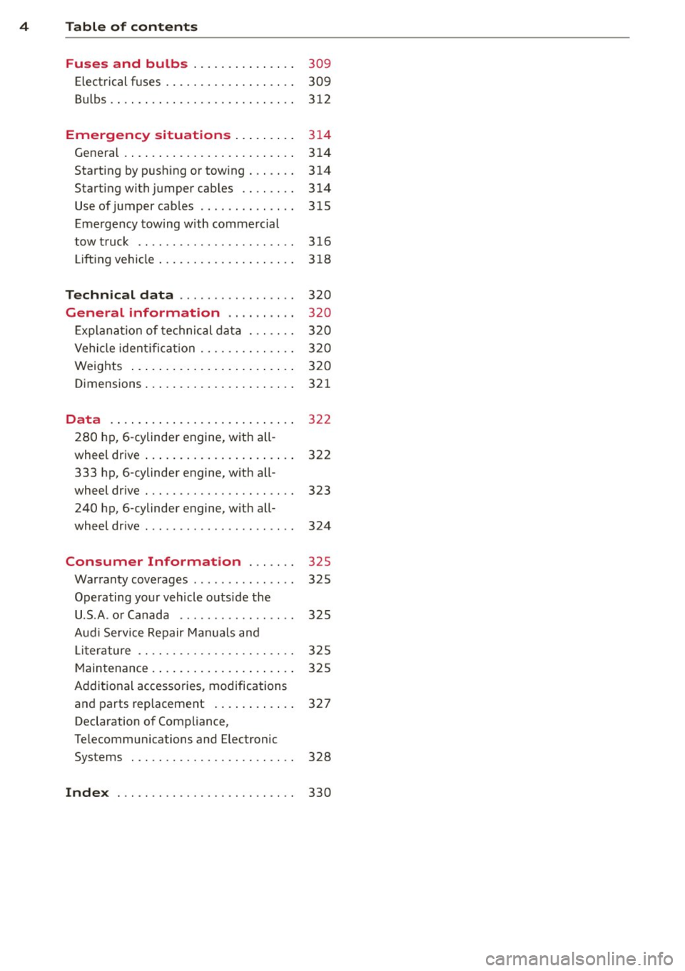 AUDI Q7 2013 Owner´s Manual 4 Table of contents
Fuses and bulbs ....... .. .. ... .
Elect rical fuses . ....... ... .. .. ... .
Bulbs .. .. .. ... ... .... ... .. .. ... .
Emergency situations ... .. ... .
Gener AUDI Q7 2013 Owner´s Manual 4 Table of contents
Fuses and bulbs ....... .. .. ... .
Elect rical fuses . ....... ... .. .. ... .
Bulbs .. .. .. ... ... .... ... .. .. ... .
Emergency situations ... .. ... .
Gener