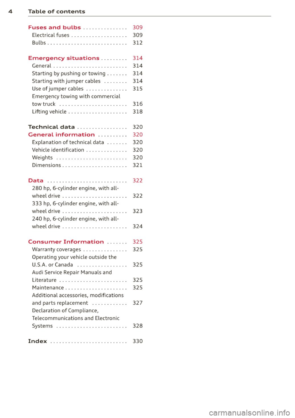 AUDI Q7 2013  Owner´s Manual 4  Table  of  contents 
Fuses  and  bulbs  ....... .. .. ...  . 
Elect rical fuses  . ....... ... .. .. ...  . 
Bulbs  .. .. .. ... ... .... ... .. .. ... . 
Emergency  situations  ... .. ... . 
Gener