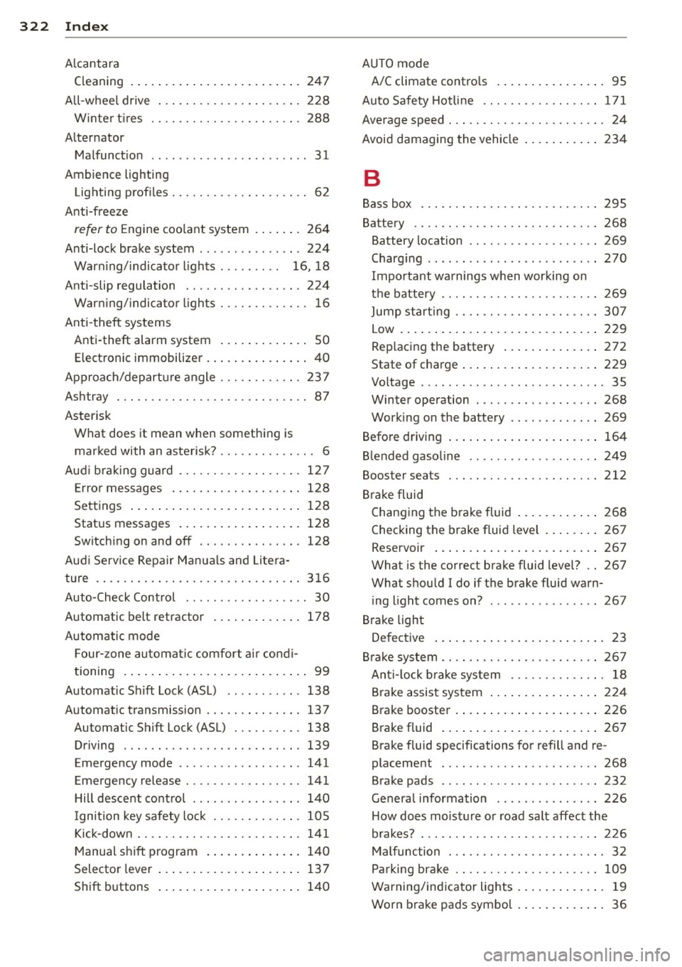 AUDI Q7 2014  Owner´s Manual 322  Index 
Alcantara Cleaning  247 
All-wheel  drive  . ........... .... .... . 228 
Winter  tires 
Alternator  288 
Malfunction  . . . . . . . . . . . . . .  . . .  . .  . .  . .  31 
Ambience  ligh