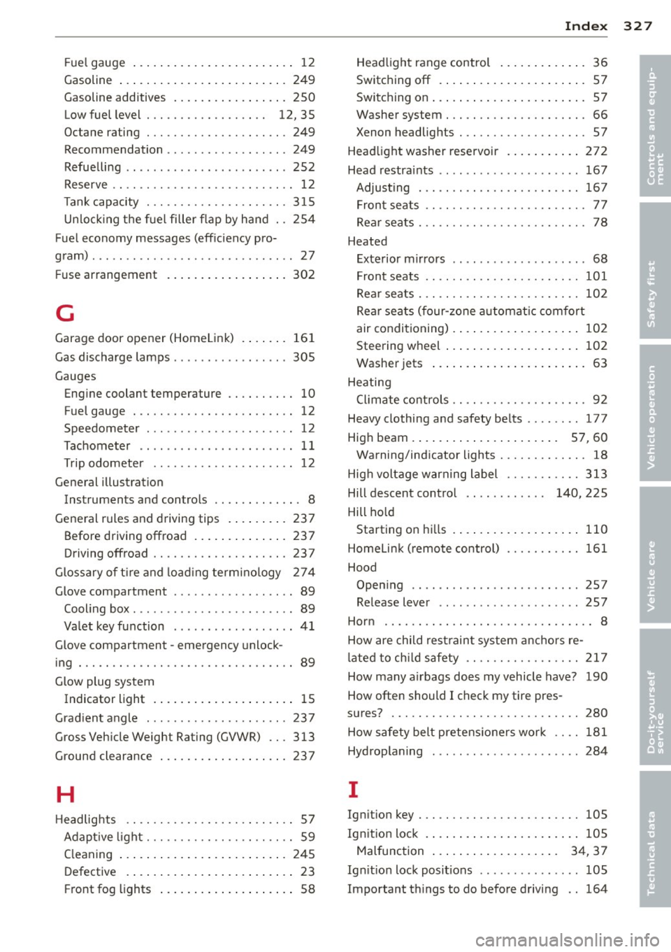 AUDI Q7 2014 Owner´s Manual _______________________________ ___:I~n ~d ~e:.::x 327
Fuel gauge .... ... ...... ... .. .. .... 12
Gasoline ... ................ ... ... 249
Gasoline additives ....... .... ... .. . 250
Lo AUDI Q7 2014 Owner´s Manual _______________________________ ___:I~n ~d ~e:.::x 327
Fuel gauge .... ... ...... ... .. .. .... 12
Gasoline ... ................ ... ... 249
Gasoline additives ....... .... ... .. . 250
Lo