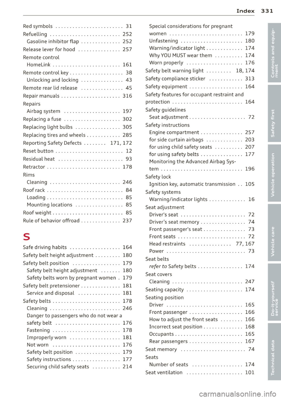 AUDI Q7 2014 Owner´s Manual Red symbols
Refuelling 31
252
Gasoline inhibitor flap .............. 252
Release lever for hood ............... 257
Remote control
Homelink .. ... .. ....... ... .. .. ...
161
Remote AUDI Q7 2014 Owner´s Manual Red symbols
Refuelling 31
252
Gasoline inhibitor flap .............. 252
Release lever for hood ............... 257
Remote control
Homelink .. ... .. ....... ... .. .. ...
161
Remote