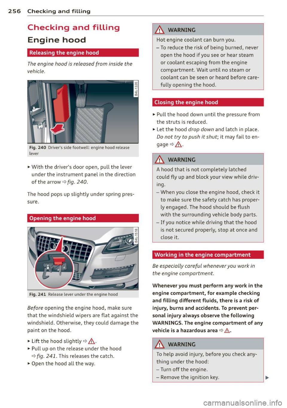 AUDI Q7 2015  Owner´s Manual 256  Checking  and  filling 
Checking  and  filling 
Engine  hood 
Releasing  the  engine hood 
The engine  hood  is released  from  inside  the 
vehicle. 
F ig . 2 40 Dr ivers  side footwell:  eng i