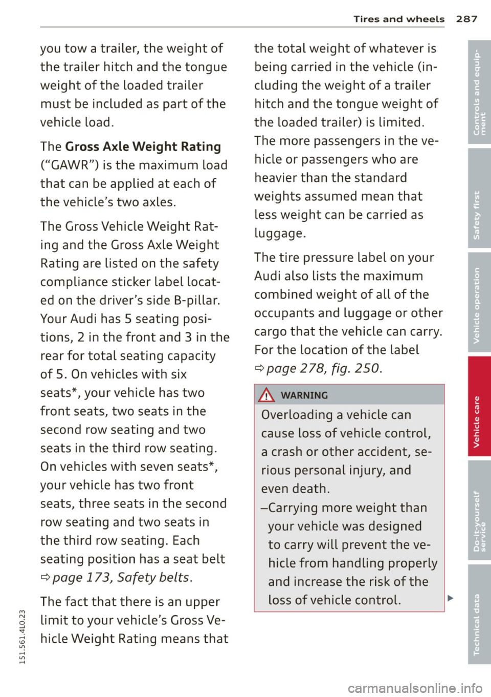 AUDI Q7 2015  Owner´s Manual Tires  and  wheels  287 
you tow  a trailer,  the  weight  of  the  total  weight  of whatever  is • 
the  trailer  hitch  and  the  tongue  being  carried  in the  vehicle  (in-•  
weight  of th