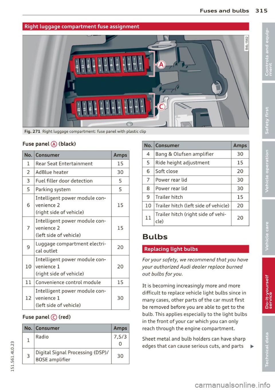 AUDI Q7 2015 Owner´s Manual M
" 0 ..J
"". rl I.O
" rl
" rl
Fuses and bulbs 315
Right luggage compartment fuse assignment
0
Fig . 271 Right luggage compartment: fuse panel with plastic clip
Fuse panel @ (bl AUDI Q7 2015 Owner´s Manual M
" 0 ..J
"". rl I.O
" rl
" rl
Fuses and bulbs 315
Right luggage compartment fuse assignment
0
Fig . 271 Right luggage compartment: fuse panel with plastic clip
Fuse panel @ (bl