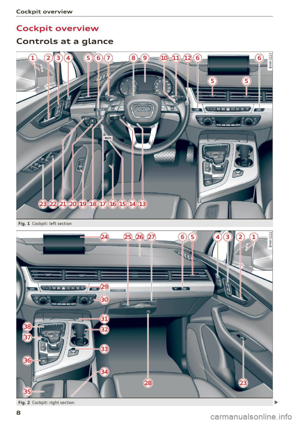AUDI Q7 2017 Owner´s Manual Cockpit overview
Cockpit overview
Controls at a glance
Fig. 1 Cockpit : left section
F ig. 2 Cockpit: rig ht sect ion
8
i AUDI Q7 2017 Owner´s Manual Cockpit overview
Cockpit overview
Controls at a glance
Fig. 1 Cockpit : left section
F ig. 2 Cockpit: rig ht sect ion
8
i