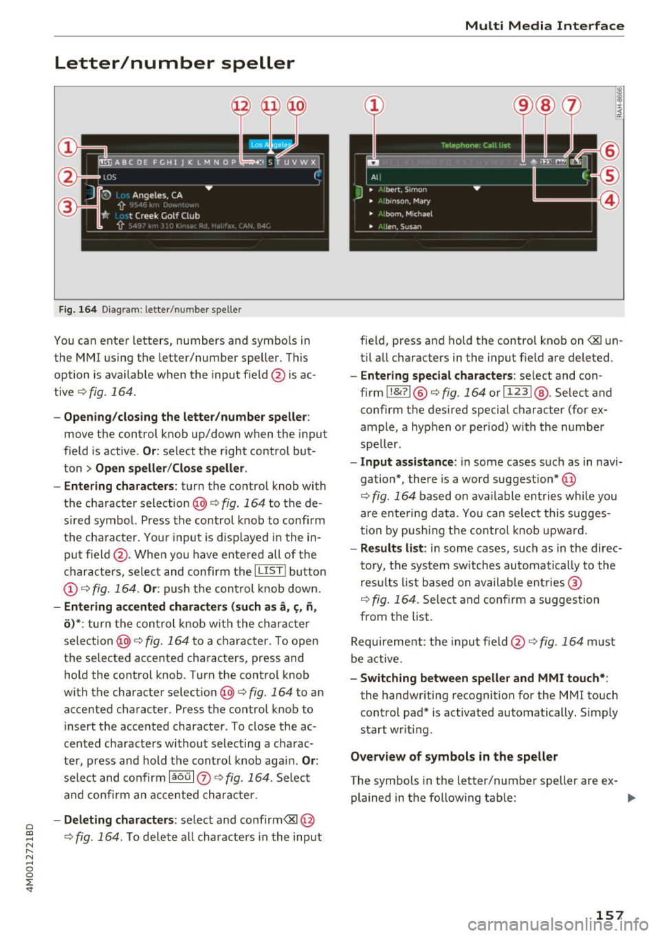 AUDI Q7 2018  Owner´s Manual a co ...... N r--. N ...... 0 
0 
:E <I" 
Letter/number  speller 
Fig . 1 64 Diagram : letter/ num be r spelle r 
You can  ente r letters,  numbers  and  symbo ls  in 
the 
MMI us ing  the  letter/nu