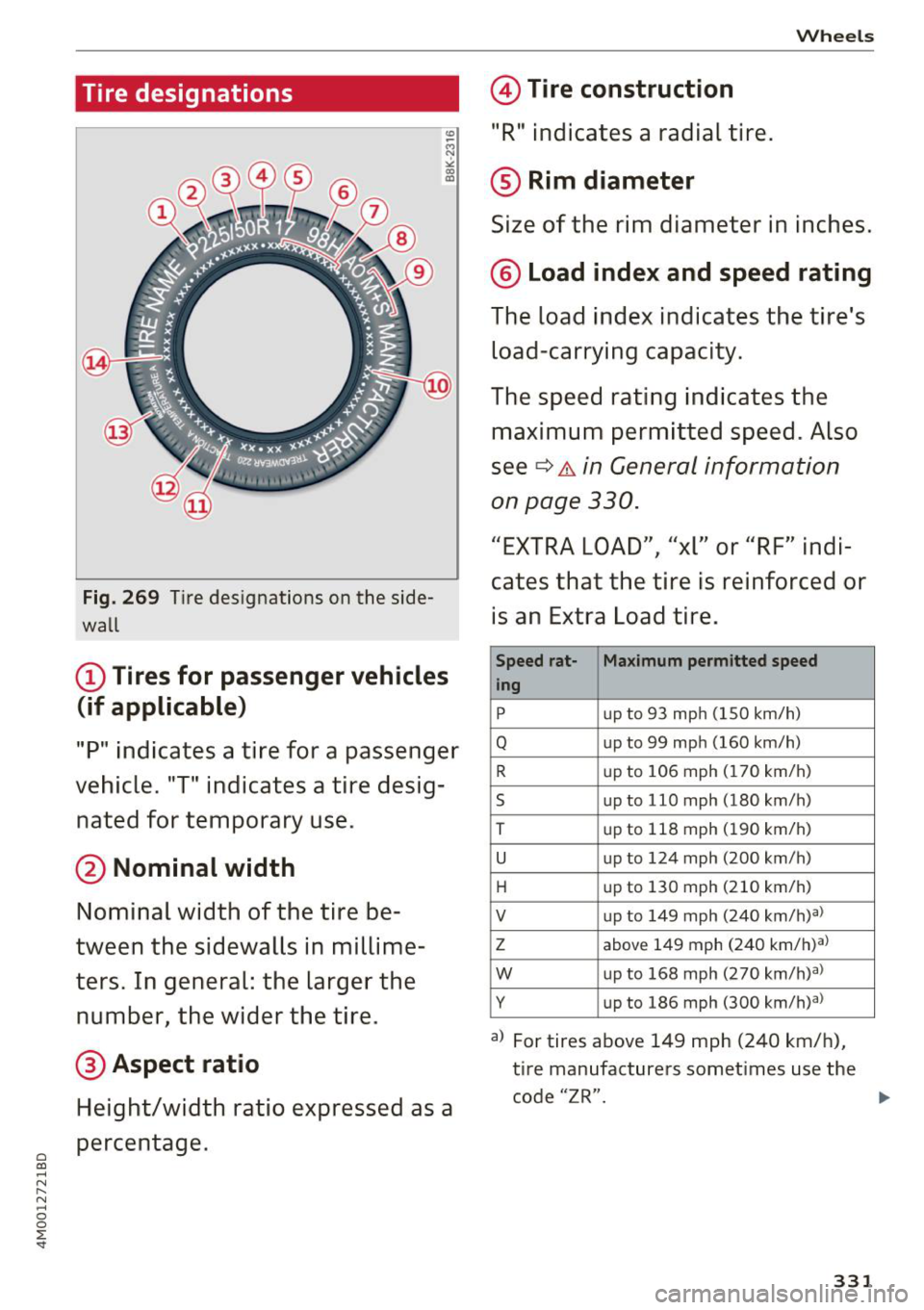 AUDI Q7 2018 Owner´s Manual a co ...... N r--. N ...... 0
0
:E <I"
Tire designations
Fig. 269 Tire designations on the side
wall
(D Tires for passenger vehicles
(if applicable)
"P" indicates a tire for a passe AUDI Q7 2018 Owner´s Manual a co ...... N r--. N ...... 0
0
:E <I"
Tire designations
Fig. 269 Tire designations on the side
wall
(D Tires for passenger vehicles
(if applicable)
"P" indicates a tire for a passe