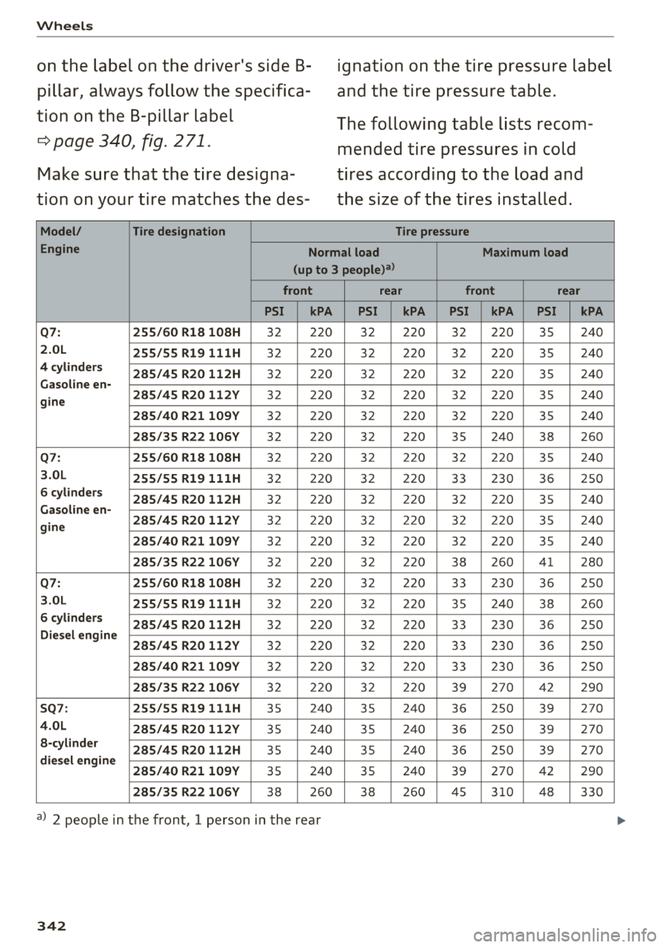 AUDI Q7 2018  Owner´s Manual Wheels 
on the  label  on the  drivers side B­
pillar,  always  follow  the  specifica­
tion  on the  B-pillar label 
r::=> page 340, fig. 271. 
Make sure  that  the  tire  designa­
tion  on  your