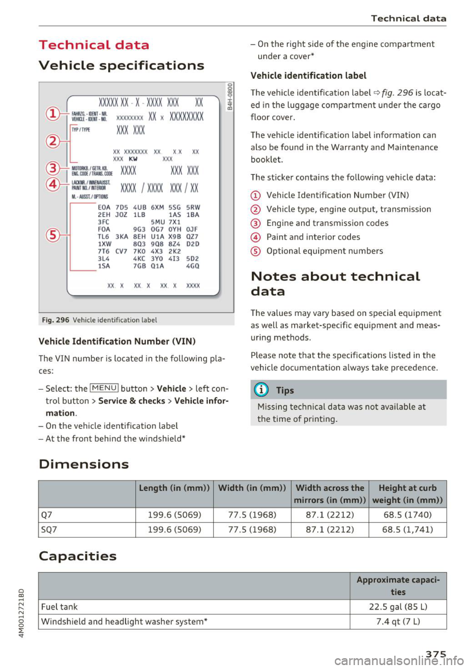 AUDI Q7 2018  Owner´s Manual a co ...... N r--. N ...... 0 
0 
:E <I" 
Technical  data 
Vehicle  specifications 
XXXXX XX  -X  -XXXX XXX  XX 
®-+  :::::::. XX XXXXX X XX X XXXXX XXX 
IYP /lffl XXX XXX 
X X  XXXXXXX X X X X  XX 