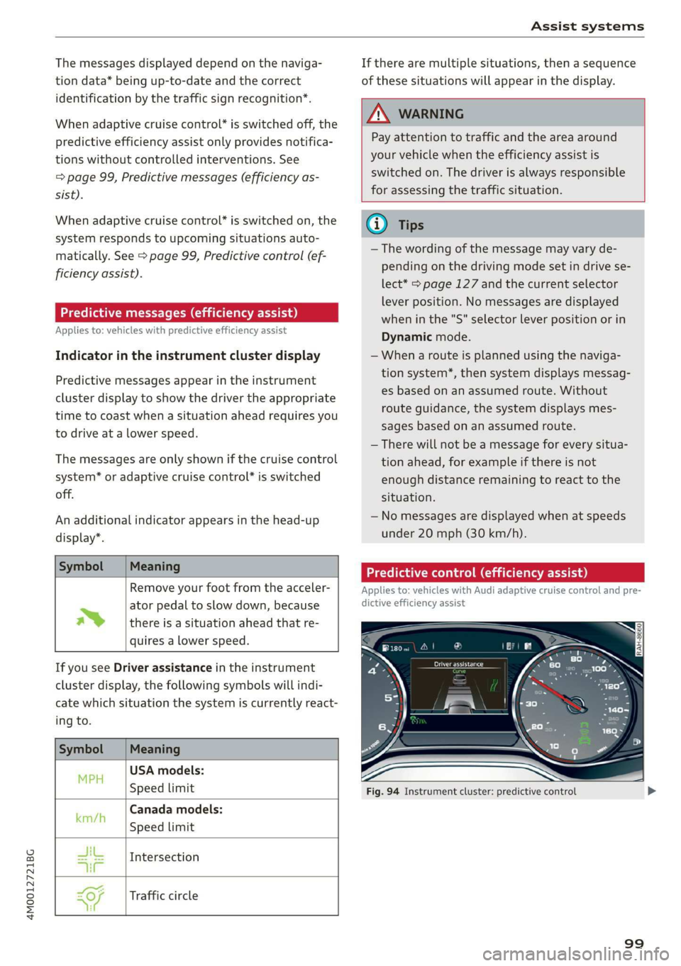 AUDI Q7 2019 Owner´s Manual 4M0012721BG
Assistsystems
Themessagesdisplayeddependonthenaviga-
tiondata* beingup-to-dateandthecorrect
identificationbythetrafficsignrecognition*.
Whenadaptivecruisecontrol*isswitchedoff,the
predic AUDI Q7 2019 Owner´s Manual 4M0012721BG
Assistsystems
Themessagesdisplayeddependonthenaviga-
tiondata* beingup-to-dateandthecorrect
identificationbythetrafficsignrecognition*.
Whenadaptivecruisecontrol*isswitchedoff,the
predic