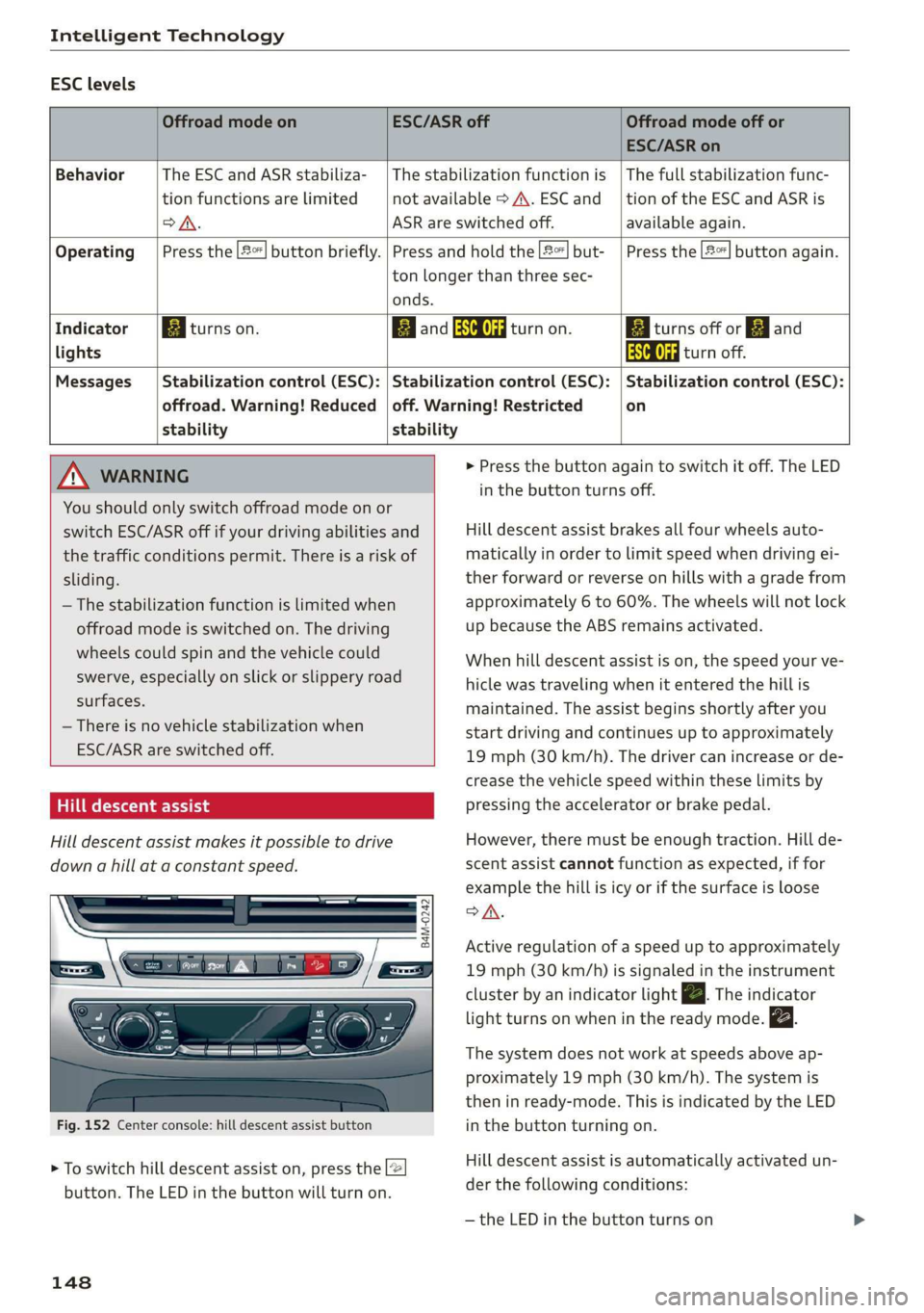AUDI Q7 2019 Owner´s Manual IntelligentTechnology
ESClevels
OffroadmodeonESC/ASRoffOffroadmodeoffor
ESC/ASRon
BehaviorThe ESC andASRstabiliza-|Thestabilizationfunctionis|Thefullstabilization AUDI Q7 2019 Owner´s Manual IntelligentTechnology
ESClevels
OffroadmodeonESC/ASRoffOffroadmodeoffor
ESC/ASRon
BehaviorThe ESC andASRstabiliza-|Thestabilizationfunctionis|Thefullstabilization