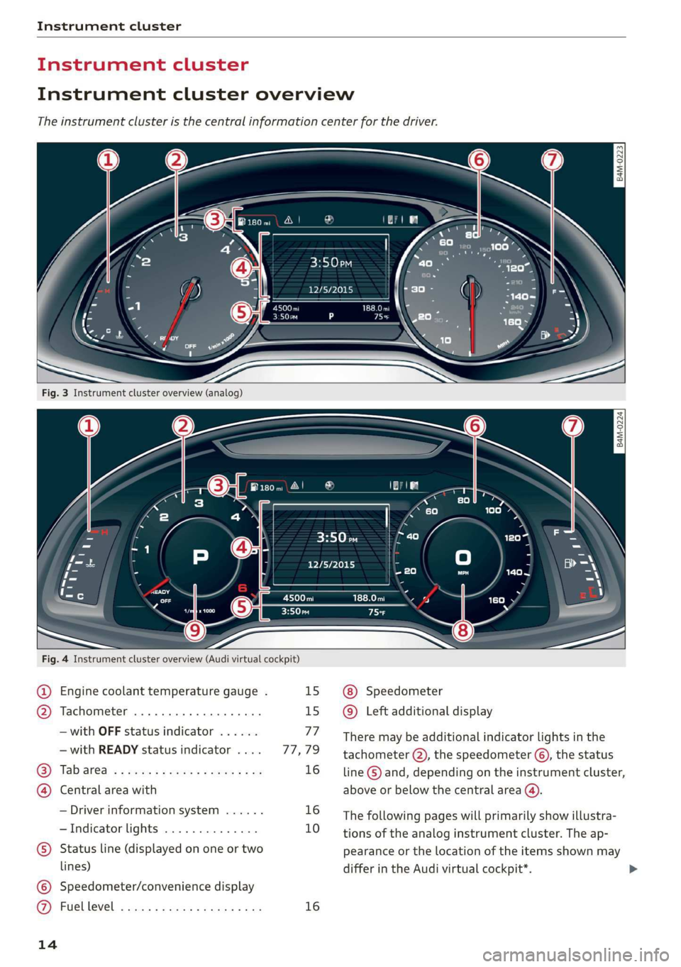 AUDI Q7 2019  Owner´s Manual Instrumentcluster
 
Instrumentclusteroverview
Theinstrumentclusteristhecentralinformationcenterforthedriver.
 
 
Fig.
 
3Instrumentclusteroverview(analog)
B4M-0224
 
Celt
BPyLYples
Fig.4Instrumentclus