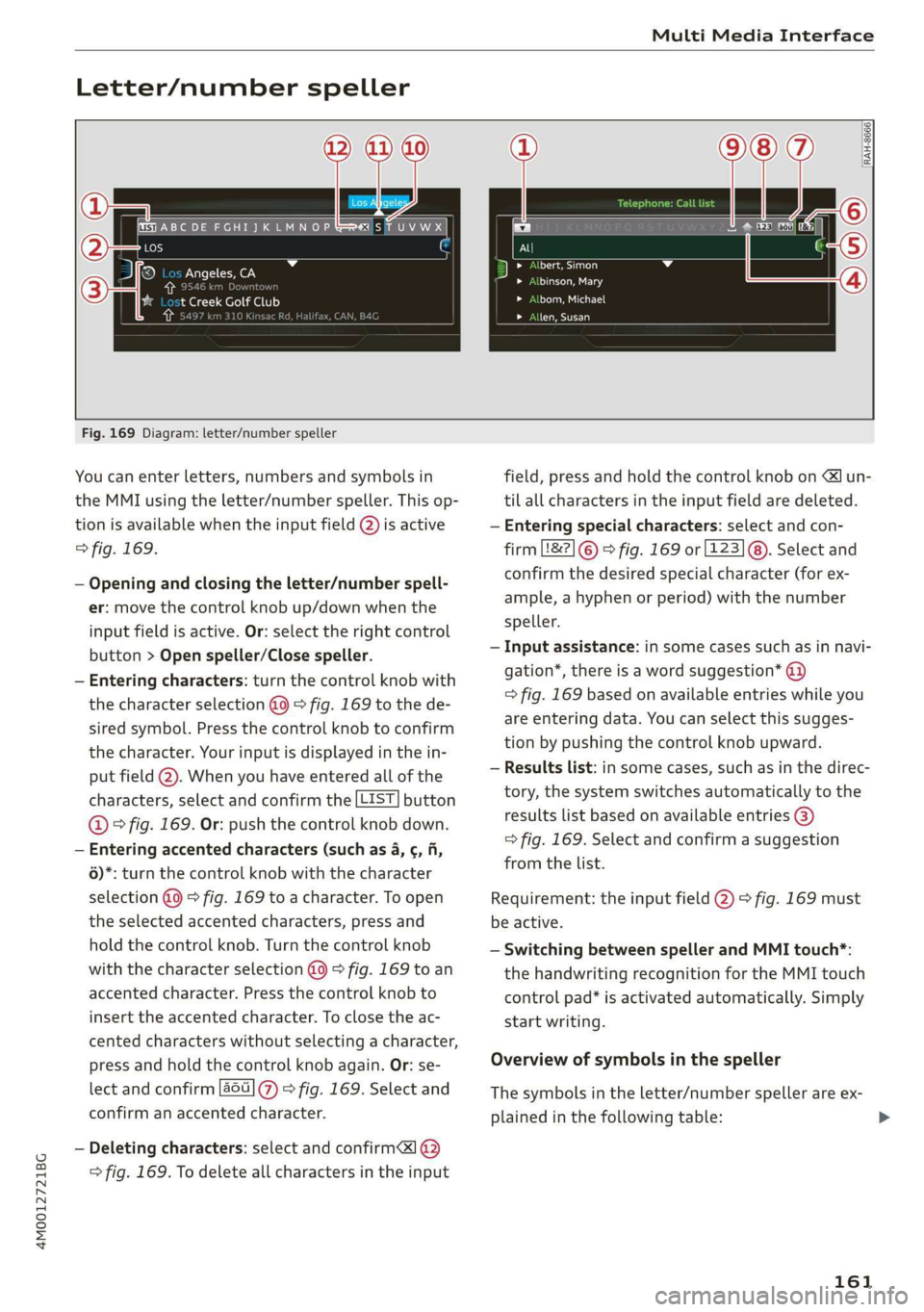AUDI Q7 2019 Owner´s Manual 4M0012721BG
MultiMediaInterface
Letter/numberspeller
Angeles,CA
4f
ftCreekGolfClub
ts,an
RAH-8666
597
=°
Creer)4
CTCEL
CTTaarte
Se)
Fig.169Diagram:letter/numberspeller
Youcanenterletter AUDI Q7 2019 Owner´s Manual 4M0012721BG
MultiMediaInterface
Letter/numberspeller
Angeles,CA
4f
ftCreekGolfClub
ts,an
RAH-8666
597
=°
Creer)4
CTCEL
CTTaarte
Se)
Fig.169Diagram:letter/numberspeller
Youcanenterletter