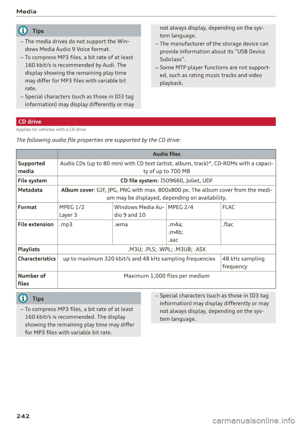 AUDI Q7 2019 Owner´s Manual
— ThemediadrivesdonotsupporttheWin-
dowsMediaAudio9Voiceformat.
—TocompressMP3files,abitrateofatleast
160kbit/sisrecommendedbyAudi.The
displayshowingtheremainingplaytime
maydifferforMP3fileswith AUDI Q7 2019 Owner´s Manual
— ThemediadrivesdonotsupporttheWin-
dowsMediaAudio9Voiceformat.
—TocompressMP3files,abitrateofatleast
160kbit/sisrecommendedbyAudi.The
displayshowingtheremainingplaytime
maydifferforMP3fileswith