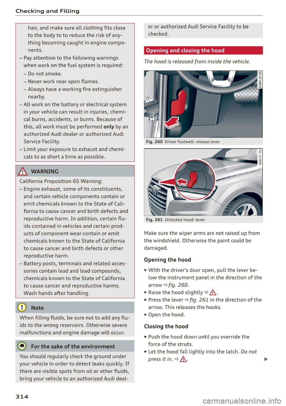 AUDI Q7 2019 Owner´s Manual CheckingandFilling
hair,andmakesureallclothingfitsclose
tothebodytotoreducetheriskofany-
thingbecomingcaughtinenginecompo-
nents.
—Payattentiontothefollowingwarnings
whenworkonthefuelsystemisreq AUDI Q7 2019 Owner´s Manual CheckingandFilling
hair,andmakesureallclothingfitsclose
tothebodytotoreducetheriskofany-
thingbecomingcaughtinenginecompo-
nents.
—Payattentiontothefollowingwarnings
whenworkonthefuelsystemisreq