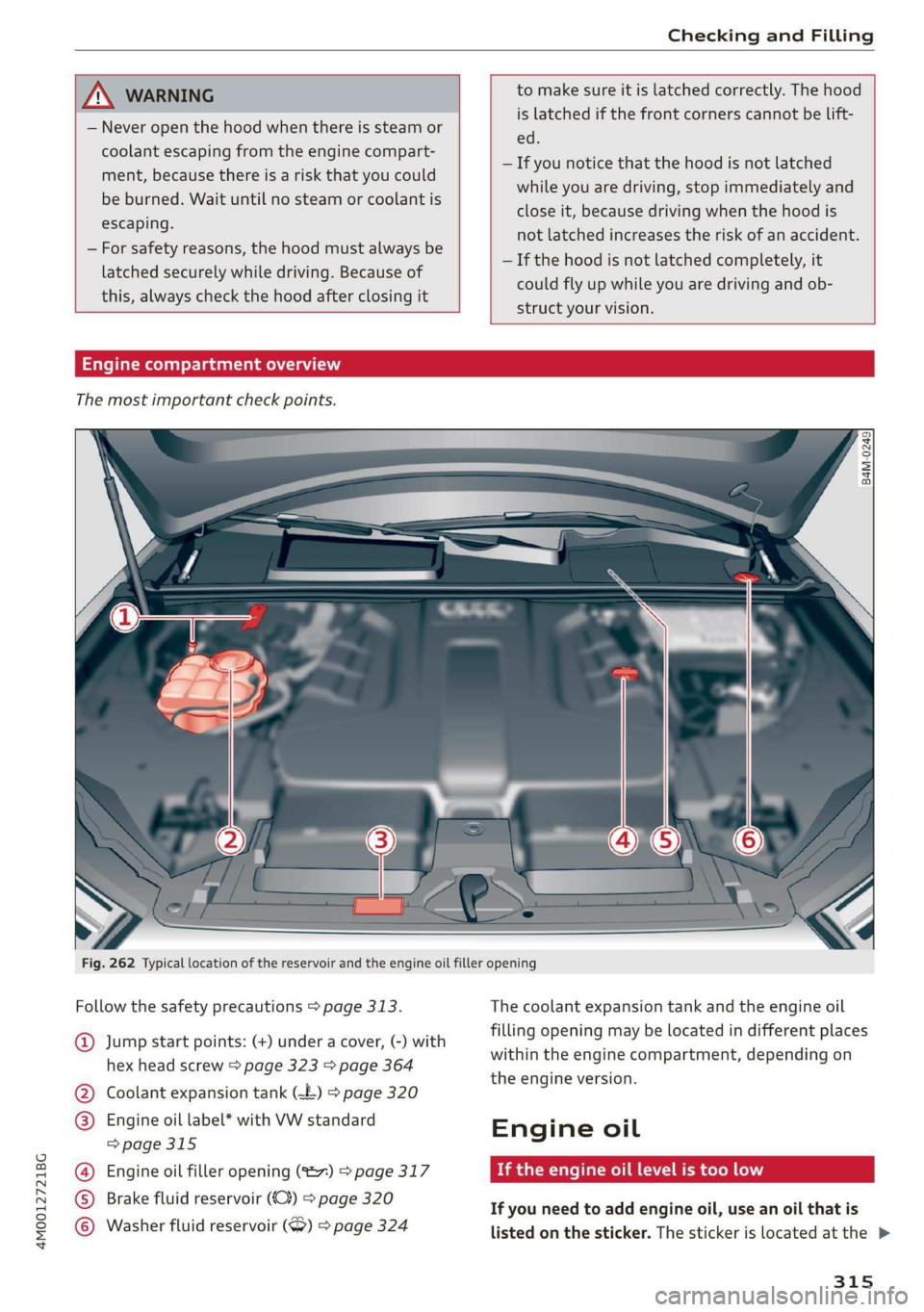 AUDI Q7 2019 Owner´s Manual 4M0012721BG
CheckingandFilling
WARNING
—Neveropenthehoodwhenthereissteamor
coolantescapingfromtheenginecompart-
ment,becausethereisariskthatyoucould
beburned.Waituntilnosteamorcoolantis
escapin AUDI Q7 2019 Owner´s Manual 4M0012721BG
CheckingandFilling
WARNING
—Neveropenthehoodwhenthereissteamor
coolantescapingfromtheenginecompart-
ment,becausethereisariskthatyoucould
beburned.Waituntilnosteamorcoolantis
escapin