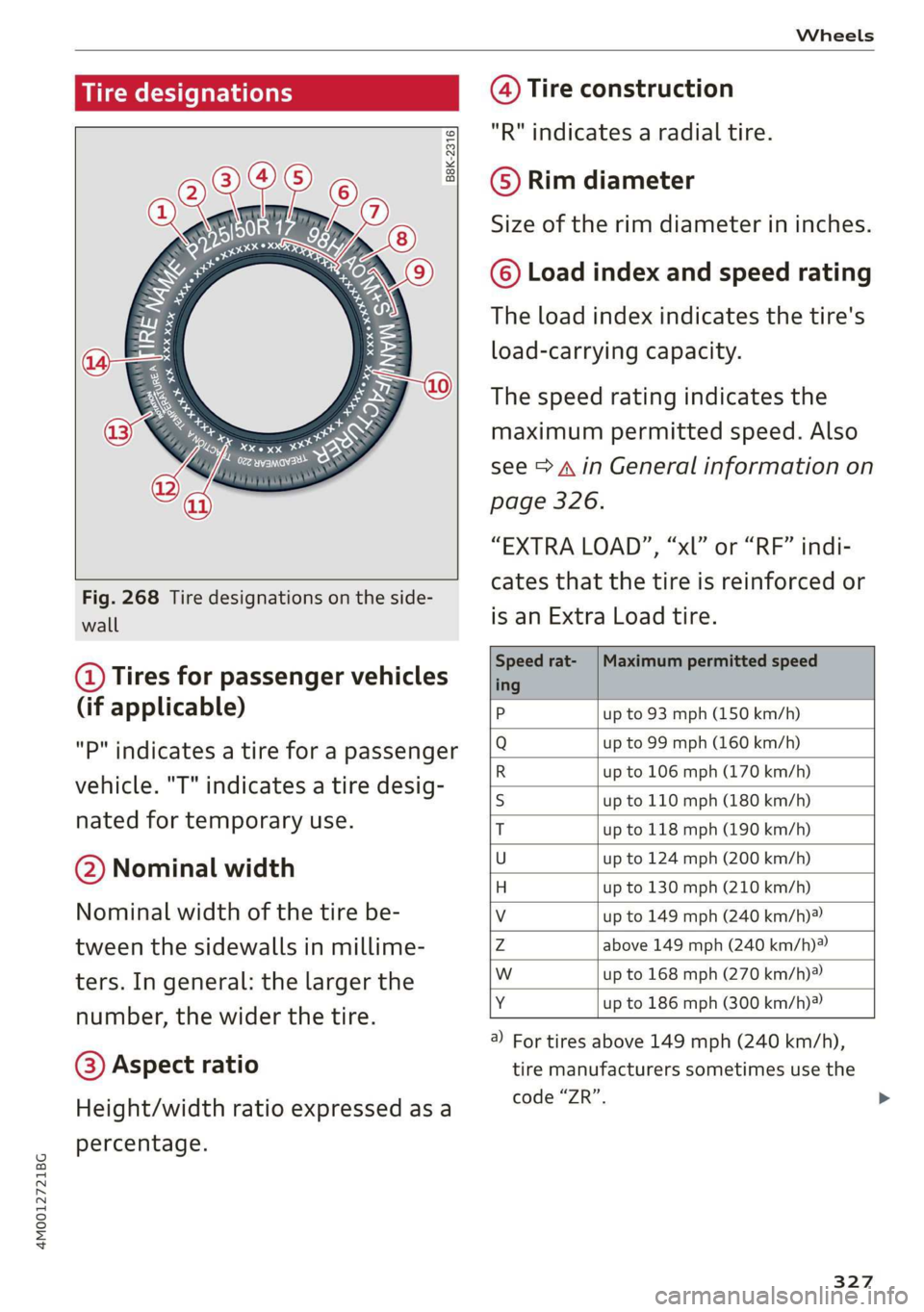 AUDI Q7 2019 Owner´s Manual 4M0012721BG
Wheels
Tiredesignations
B8K-2316
Fig.268Tiredesignationsontheside-
wall
@Tiresforpassengervehicles
(ifapplicable)
"P"indicatesatireforapassenger
vehicle."T"indica AUDI Q7 2019 Owner´s Manual 4M0012721BG
Wheels
Tiredesignations
B8K-2316
Fig.268Tiredesignationsontheside-
wall
@Tiresforpassengervehicles
(ifapplicable)
"P"indicatesatireforapassenger
vehicle."T"indica