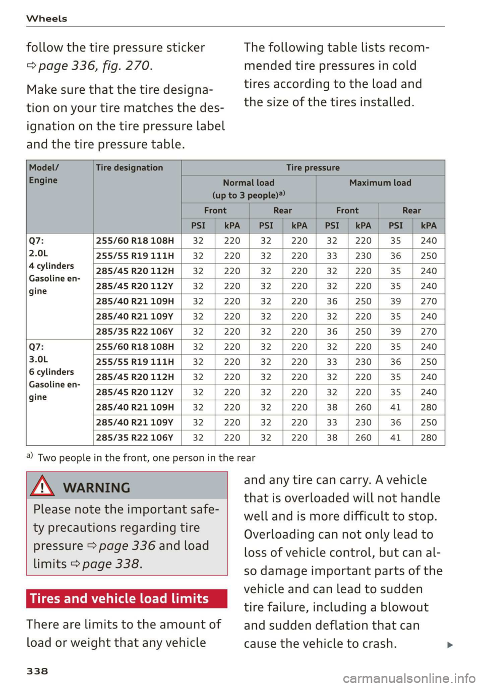 AUDI Q7 2019 Owner´s Manual Wheels
followthetirepressuresticker
>page336,fig.270.
Makesurethatthetiredesigna-
tiononyourtirematchesthedes-
ignationonthetirepressurelabel
andthetirepressuretable.
Thefollowingtablelistsrecom-
me AUDI Q7 2019 Owner´s Manual Wheels
followthetirepressuresticker
>page336,fig.270.
Makesurethatthetiredesigna-
tiononyourtirematchesthedes-
ignationonthetirepressurelabel
andthetirepressuretable.
Thefollowingtablelistsrecom-
me