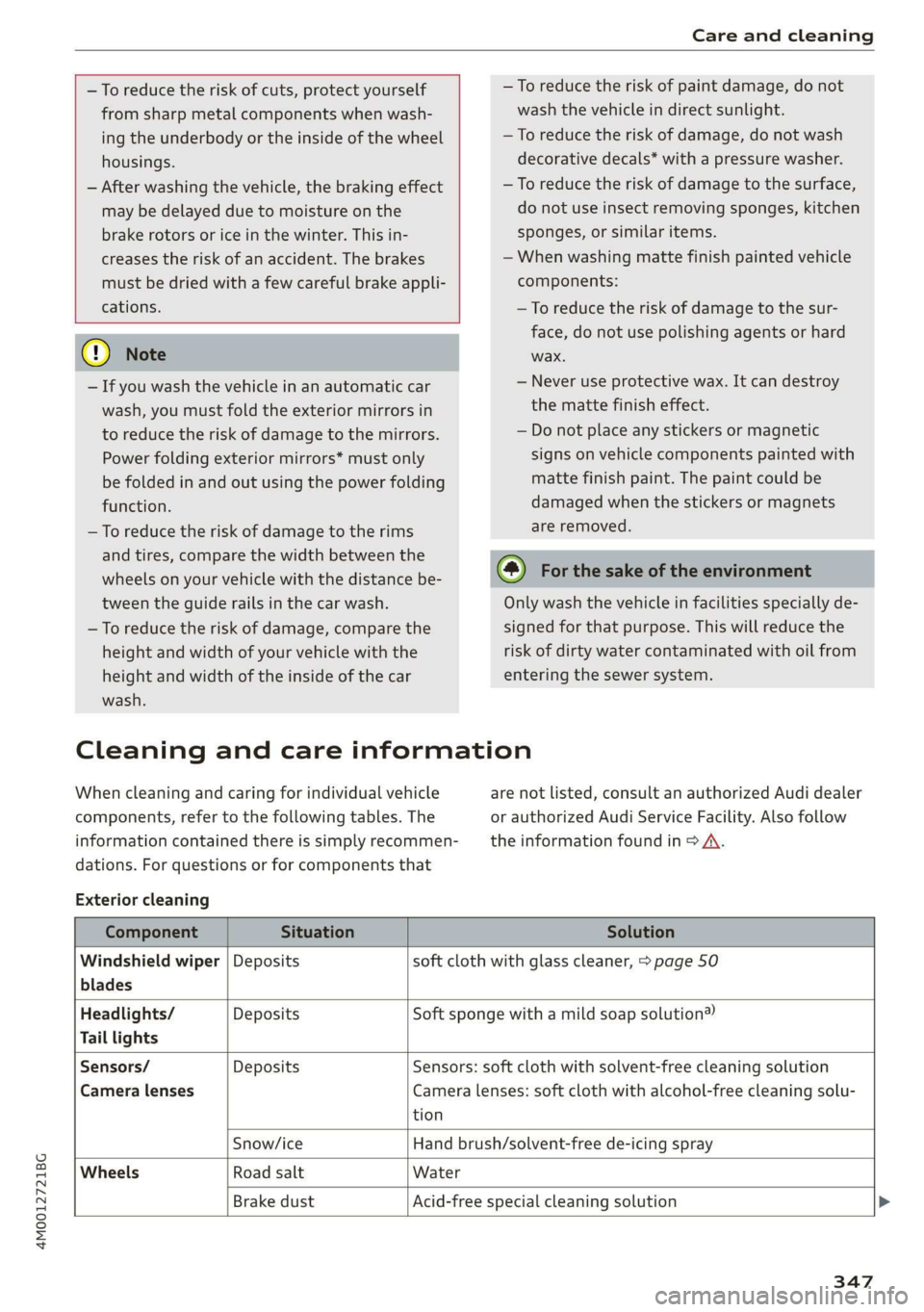 AUDI Q7 2019 Owner´s Manual 4M0012721BG
Careandcleaning
—Toreducetheriskofcuts,protectyourself—Toreducetheriskofpaintdamage,donot
fromsharpmetalcomponentswhenwash-washthevehicleindirectsunlight.
ingtheunderbodyortheins AUDI Q7 2019 Owner´s Manual 4M0012721BG
Careandcleaning
—Toreducetheriskofcuts,protectyourself—Toreducetheriskofpaintdamage,donot
fromsharpmetalcomponentswhenwash-washthevehicleindirectsunlight.
ingtheunderbodyortheins