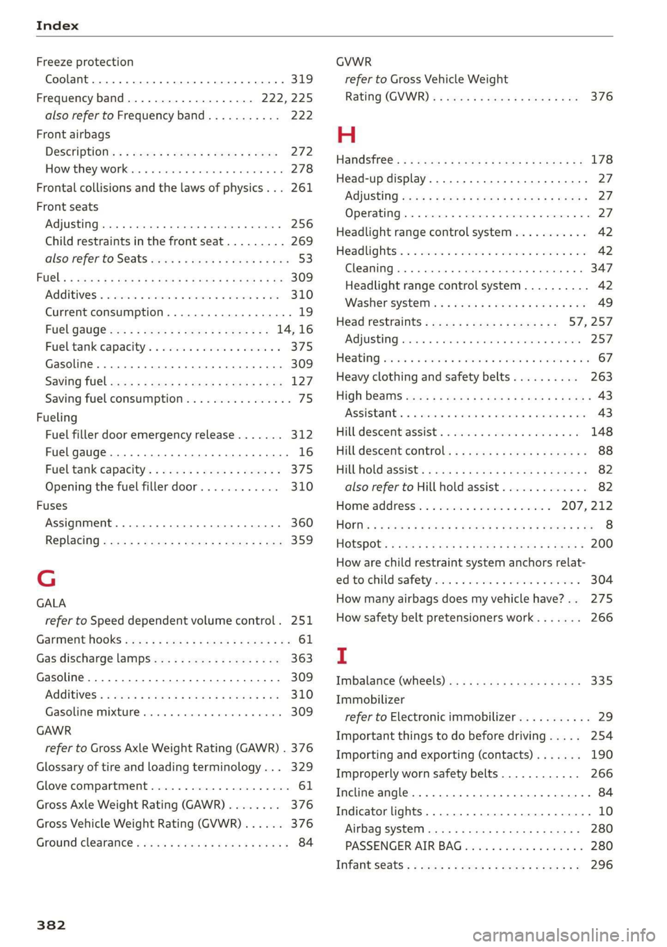 AUDI Q7 2019 Owner´s Manual Index
Freezeprotection
Coolant......eee eeeeeeeee319
Frequencyband.................4.222,225
alsorefertoFrequencyband...........222
Frontairbags
Descriptions:« ¢was« »ewes2 ¢oewe+ ¢ote272
Hows AUDI Q7 2019 Owner´s Manual Index
Freezeprotection
Coolant......eee eeeeeeeee319
Frequencyband.................4.222,225
alsorefertoFrequencyband...........222
Frontairbags
Descriptions:« ¢was« »ewes2 ¢oewe+ ¢ote272
Hows