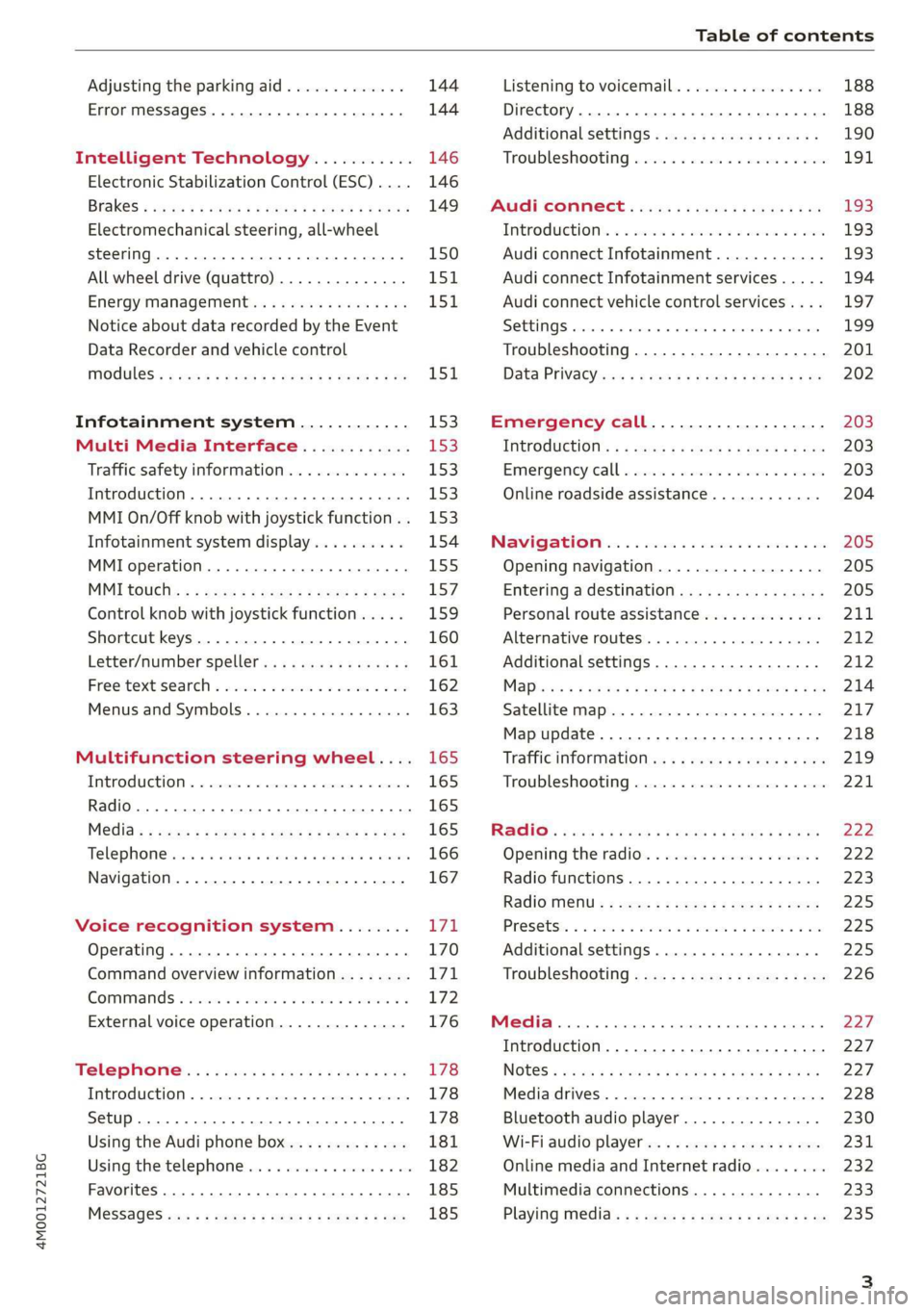 AUDI Q7 2019  Owner´s Manual 4M0012721BG
Tableofcontents
 
Adjusting theparkingaid.............
ErrormesSageS........00esseseee eee
IntelligentTechnology...........
ElectronicStabilizationControl(ESC)....
Electromechanicalsteerin