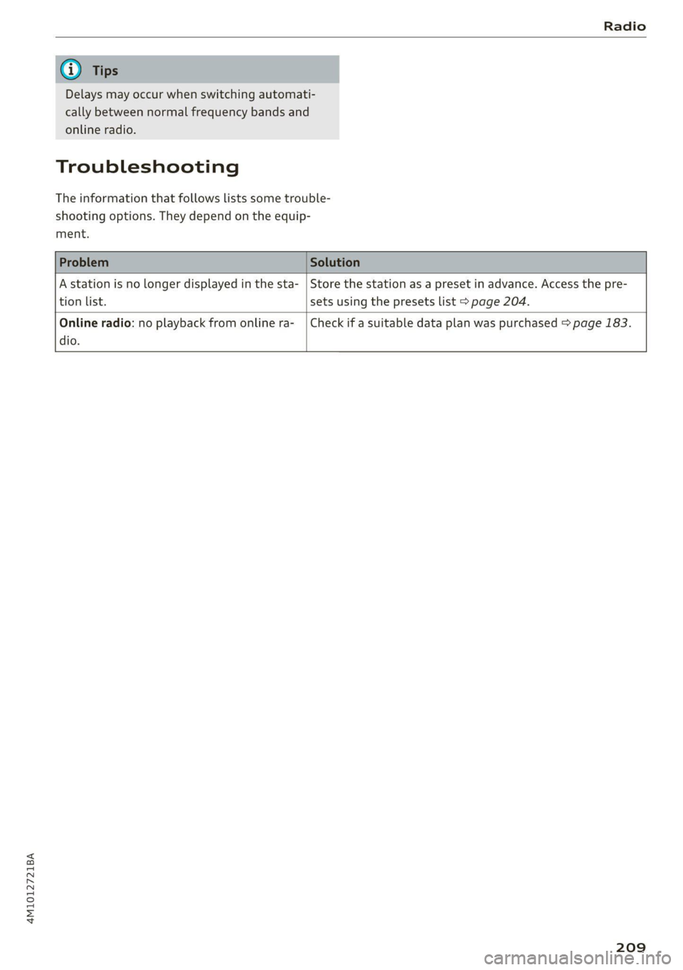 AUDI Q7 2020 Owner´s Manual 4M1012721BA
Radio
Delays may occur when switching automati-
cally between normal frequency bands and
online radio.
Troubleshooting
The information that follows lists some trouble-
shooting o AUDI Q7 2020 Owner´s Manual 4M1012721BA
Radio
Delays may occur when switching automati-
cally between normal frequency bands and
online radio.
Troubleshooting
The information that follows lists some trouble-
shooting o