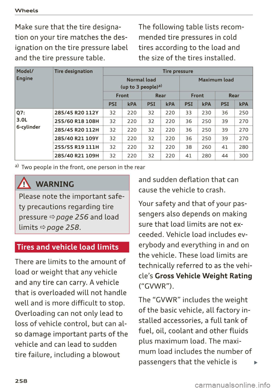 AUDI Q7 2020  Owner´s Manual Wheels 
  
Make sure that the tire designa- 
tion on your tire matches the des- 
ignation on the tire pressure label 
and the tire pressure table. 
The following table lists recom- 
mended tire pressu