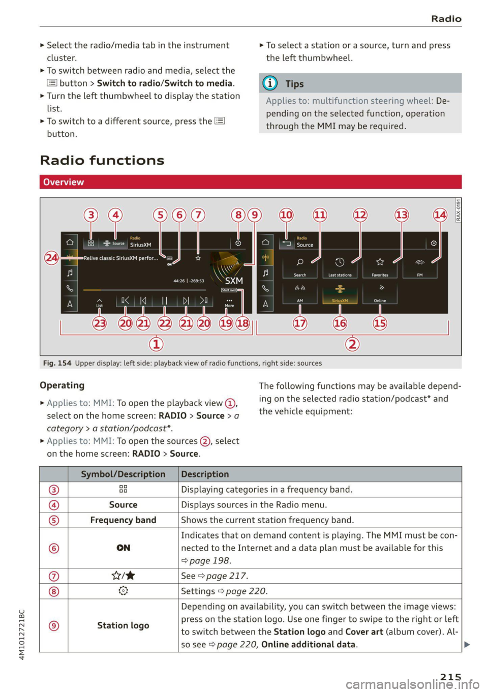 AUDI Q7 2021 Owner´s Manual 4M1012721BC
Radio
> Select the radio/media tab in the instrument > To select a station or a source, turn and press
cluster. the left thumbwheel.
> To switch between radio and media, select the AUDI Q7 2021 Owner´s Manual 4M1012721BC
Radio
> Select the radio/media tab in the instrument > To select a station or a source, turn and press
cluster. the left thumbwheel.
> To switch between radio and media, select the