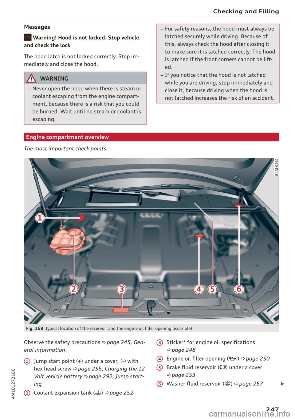 AUDI Q7 2021  Owner´s Manual 4M1012721BC 
Checking and Filling 
  
Messages 
B Warning! Hood is not locked. Stop vehicle 
and check the lock 
The hood latch is not locked correctly. Stop im- 
mediately and close the hood. 
— Fo