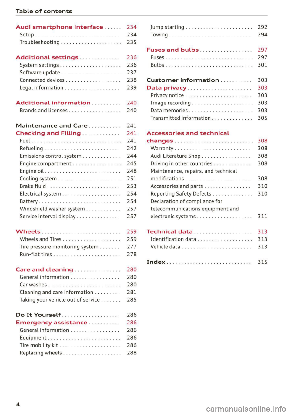 AUDI Q7 2021  Owner´s Manual Table of contents 
  
Audi smartphone interface...... 234 
Setup... eee eee eee eee 234 
Troubleshooting wv s  & wees se cows 6 bey 235 
Additional settings.............. 236 
System Settings: : s een