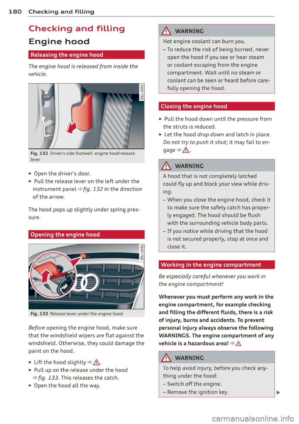 AUDI TT 2013 Owner´s Manual 180 Checking and filling
Checking and filling
Engine hood
Releasing the engine hood
The engine hood is released from inside the
vehicle.
Fi g. 132 Dr ivers side footwell: engine AUDI TT 2013 Owner´s Manual 180 Checking and filling
Checking and filling
Engine hood
Releasing the engine hood
The engine hood is released from inside the
vehicle.
Fi g. 132 Dr ivers side footwell: engine