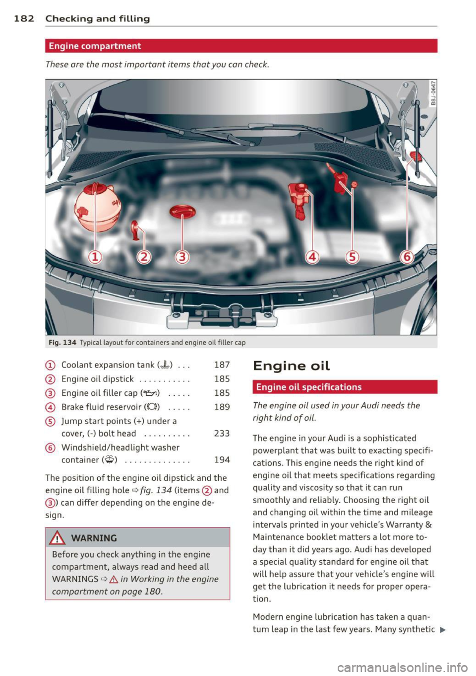 AUDI TT 2013 Owner´s Manual 182 Checking and filling
Engine compartment
These are the most important items that you can check .
•
Fig. 134 Typ ica l layout for containers and eng ine oil filler cap
CD Co AUDI TT 2013 Owner´s Manual 182 Checking and filling
Engine compartment
These are the most important items that you can check .
•
Fig. 134 Typ ica l layout for containers and eng ine oil filler cap
CD Co
