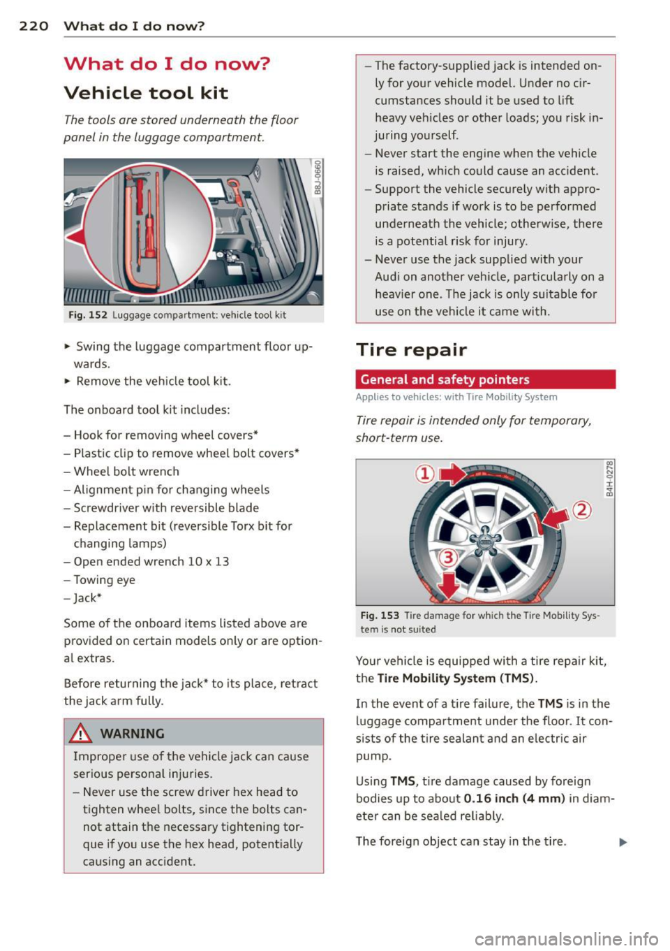 AUDI TT 2013  Owner´s Manual 220  What  do I do  now? 
What  do  I  do  now? 
Vehicle  tool  kit 
The tools  ore stored  underneath  the floor 
panel  in the  luggage  comportment. 
Fig. 152 Luggage compartment:  vehicle tool  ki