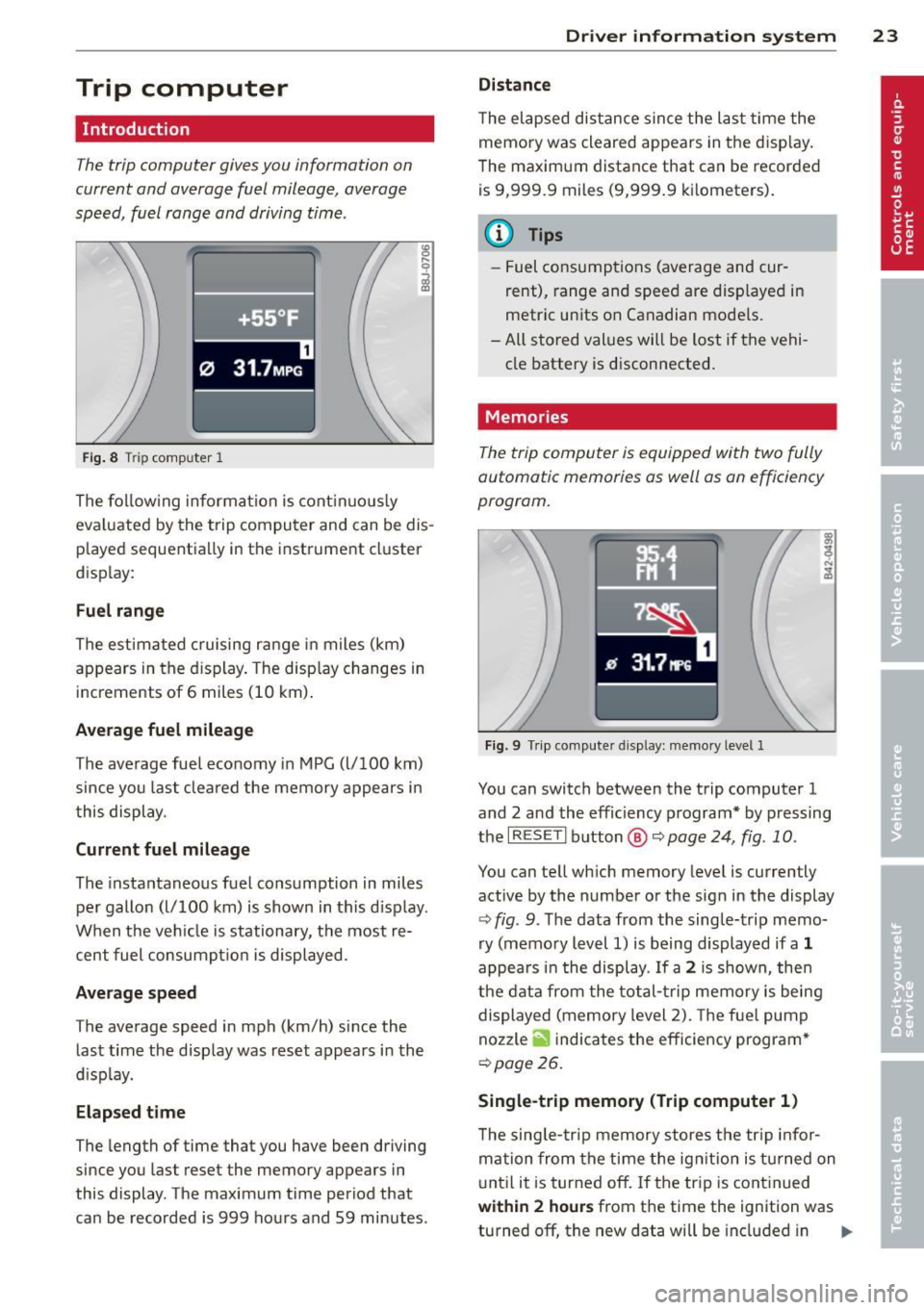 AUDI TT 2013  Owner´s Manual Trip  computer 
Introduction 
The trip computer  gives you  information  on 
current  and  average  fuel  mileage,  average 
speed,  fuel  range  and  driving  time . 
Fig.  8  T rip comp ute r 1 
The