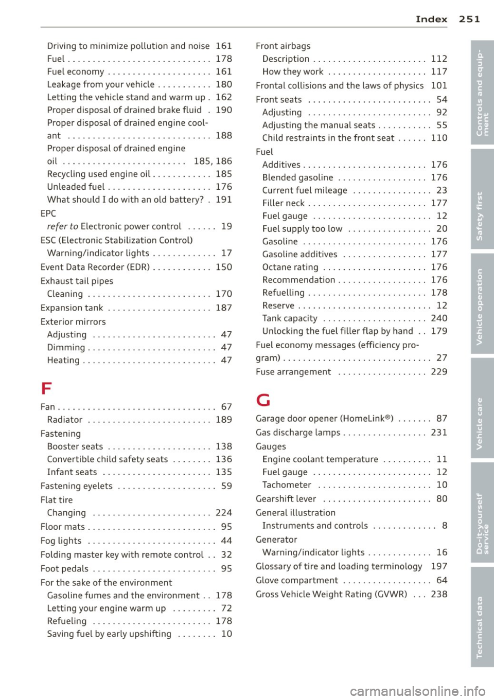 AUDI TT 2013 Owner´s Manual Driving to minimize pollution and noise 161
F ue l . .... .. .. ... ... .... ... .. .. ... 178
F ue l economy ... ........ ... .. .. .. . 161
Leakage from your veh icle .. .. .. .. .. AUDI TT 2013 Owner´s Manual Driving to minimize pollution and noise 161
F ue l . .... .. .. ... ... .... ... .. .. ... 178
F ue l economy ... ........ ... .. .. .. . 161
Leakage from your veh icle .. .. .. .. ..