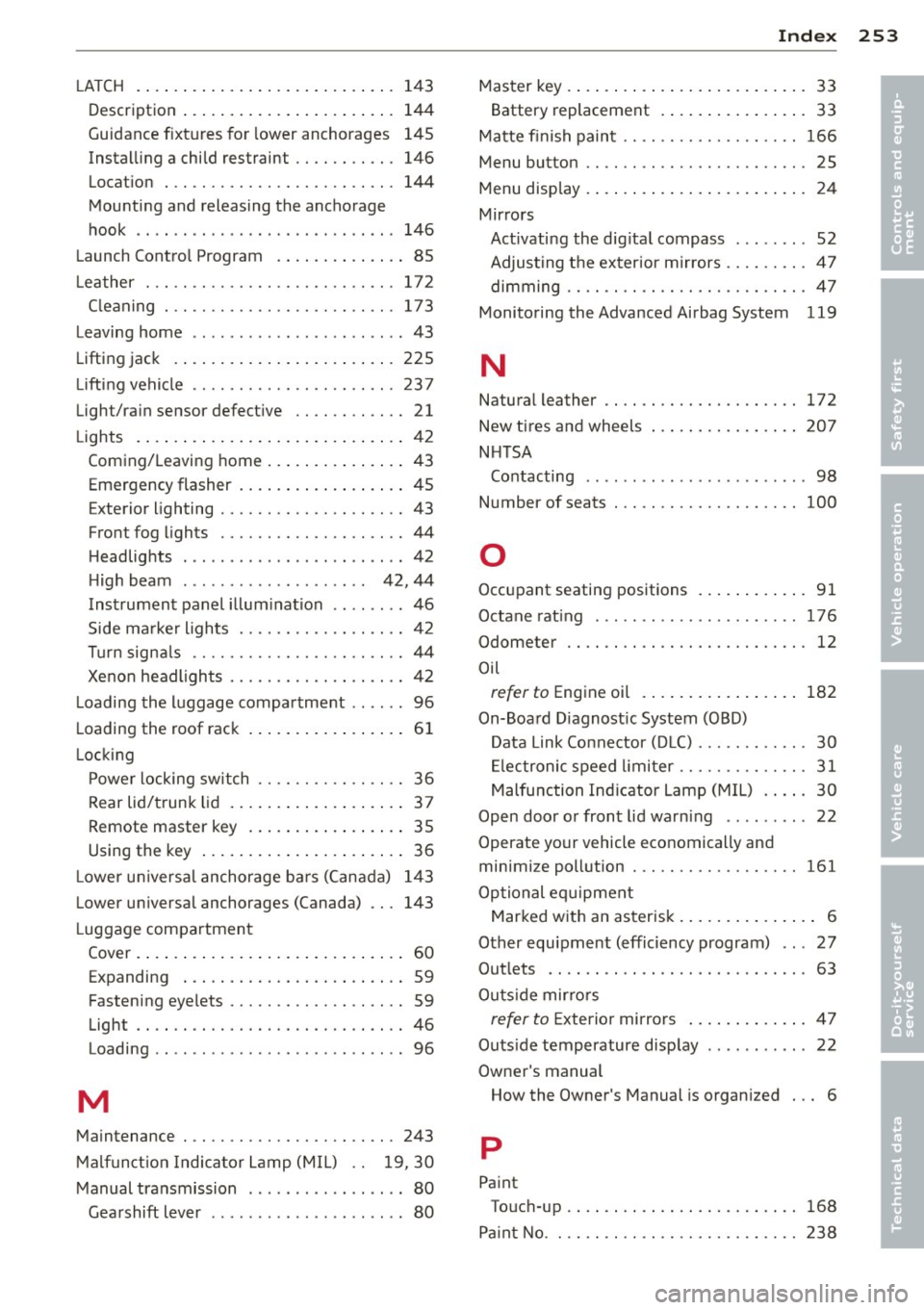 AUDI TT 2013 Owner´s Manual -----------------------------~I~ n~ d~ e~x 253
LA T CH . ..... .. ............ .... .... 143
Description ................. ... ... 144
Guidance f ixtures for lower anchorages 145
Installi AUDI TT 2013 Owner´s Manual -----------------------------~I~ n~ d~ e~x 253
LA T CH . ..... .. ............ .... .... 143
Description ................. ... ... 144
Guidance f ixtures for lower anchorages 145
Installi