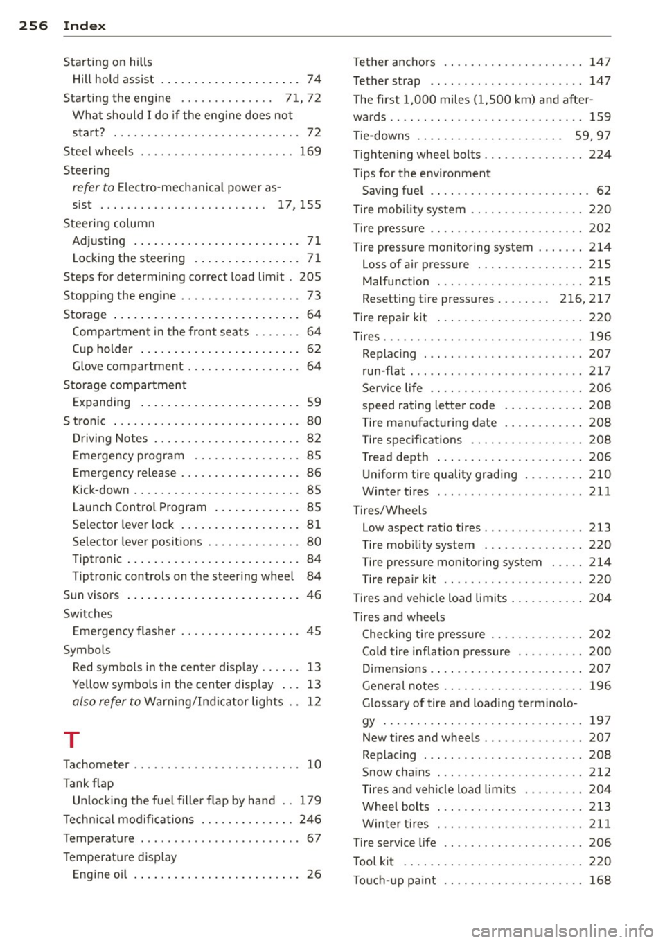 AUDI TT 2013 Owner´s Manual 256 Index
------------------------------------
Starting on hills
H ill hold ass ist . ....... ... .. .. .... ..
74
Starti ng the eng ine . . . . . . . . . . . . . . 7 1, 7 2
Wha t shou AUDI TT 2013 Owner´s Manual 256 Index
------------------------------------
Starting on hills
H ill hold ass ist . ....... ... .. .. .... ..
74
Starti ng the eng ine . . . . . . . . . . . . . . 7 1, 7 2
Wha t shou