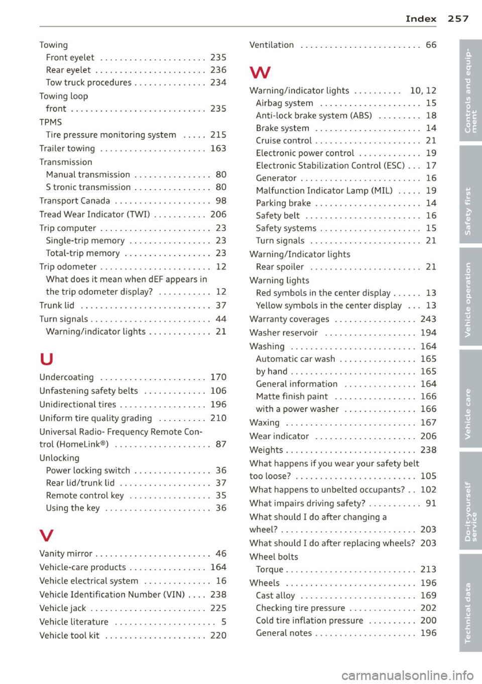 AUDI TT 2013 Owner´s Manual Towing Front eyelet ................ ... ... 235
Rear eyelet ................. ... .. . 236
Tow truck procedures ...... .. .. .. .. . 234
Towing loop front .... .. .. ................ .. AUDI TT 2013 Owner´s Manual Towing Front eyelet ................ ... ... 235
Rear eyelet ................. ... .. . 236
Tow truck procedures ...... .. .. .. .. . 234
Towing loop front .... .. .. ................ ..
