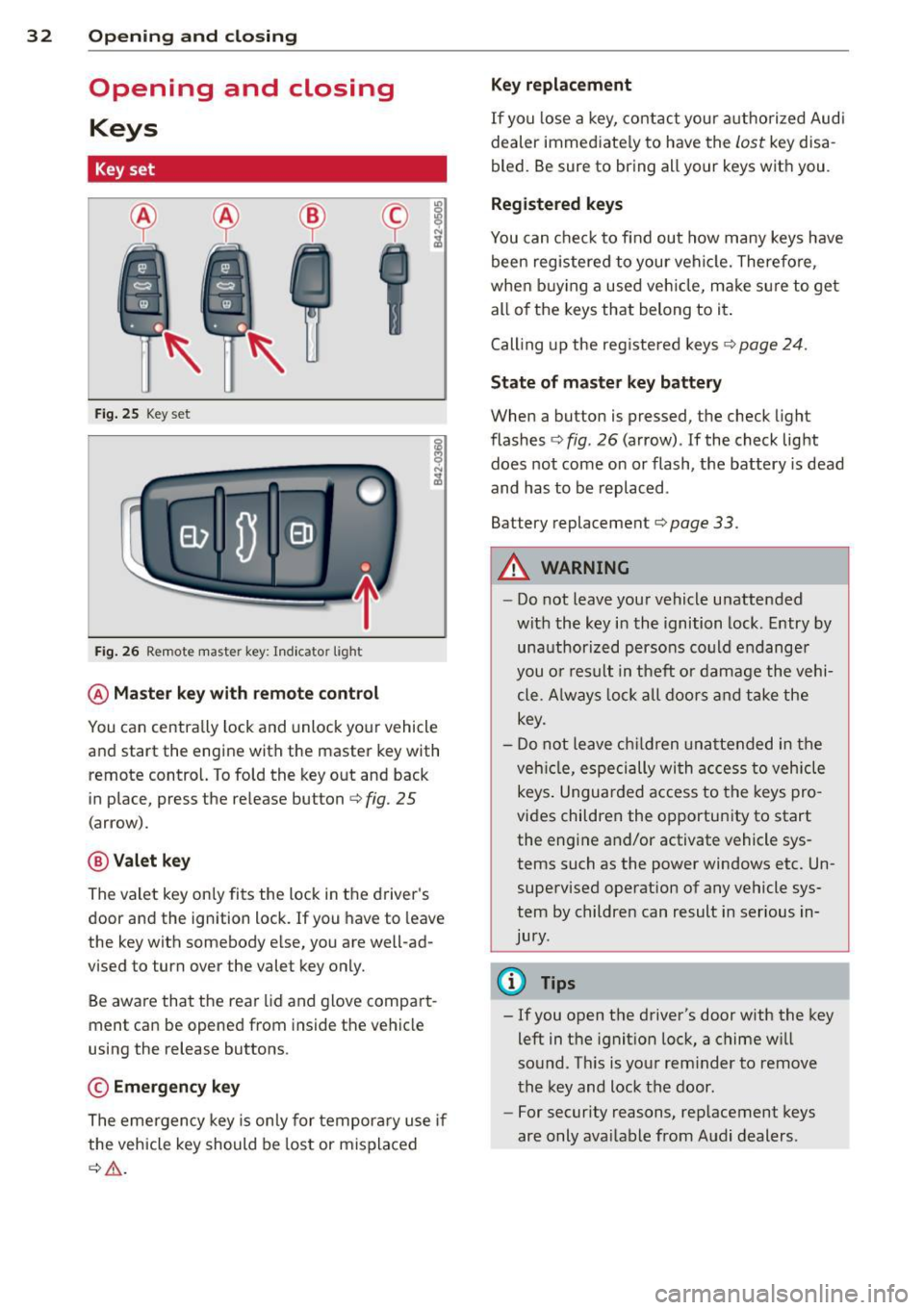 AUDI TT 2013  Owner´s Manual 32 Opening and  clo sing 
Opening  and  closing 
Keys 
Key set 
Fig . 25  Key set 
Fig. 26 Remote master  key : Indicator  light 
@ Ma ster  key w ith  remote  control 
You can  centrally  lock and  u