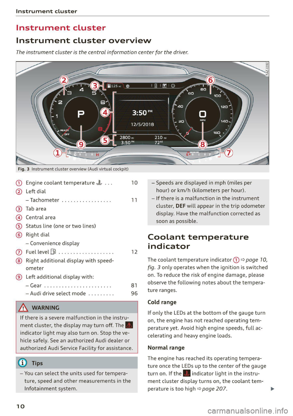 AUDI TT 2021  Owner´s Manual Instrument cluster 
  
Instrument cluster 
Instrument cluster overview 
The instrument cluster is the central information center for the driver. 
3:50™ 
12/5/2018 
elo 
a 
  
  
Fig. 3 Instrument cl