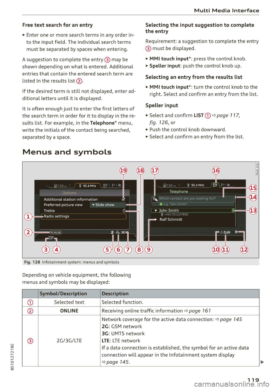 AUDI TT 2021 Owner´s Manual 8S1012721BE
Multi Media Interface
Free text search for an entry Selecting the input suggestion to complete
‘ ‘ the entry
> Enter one or more search terms in any order in-
to the input fie AUDI TT 2021 Owner´s Manual 8S1012721BE
Multi Media Interface
Free text search for an entry Selecting the input suggestion to complete
‘ ‘ the entry
> Enter one or more search terms in any order in-
to the input fie