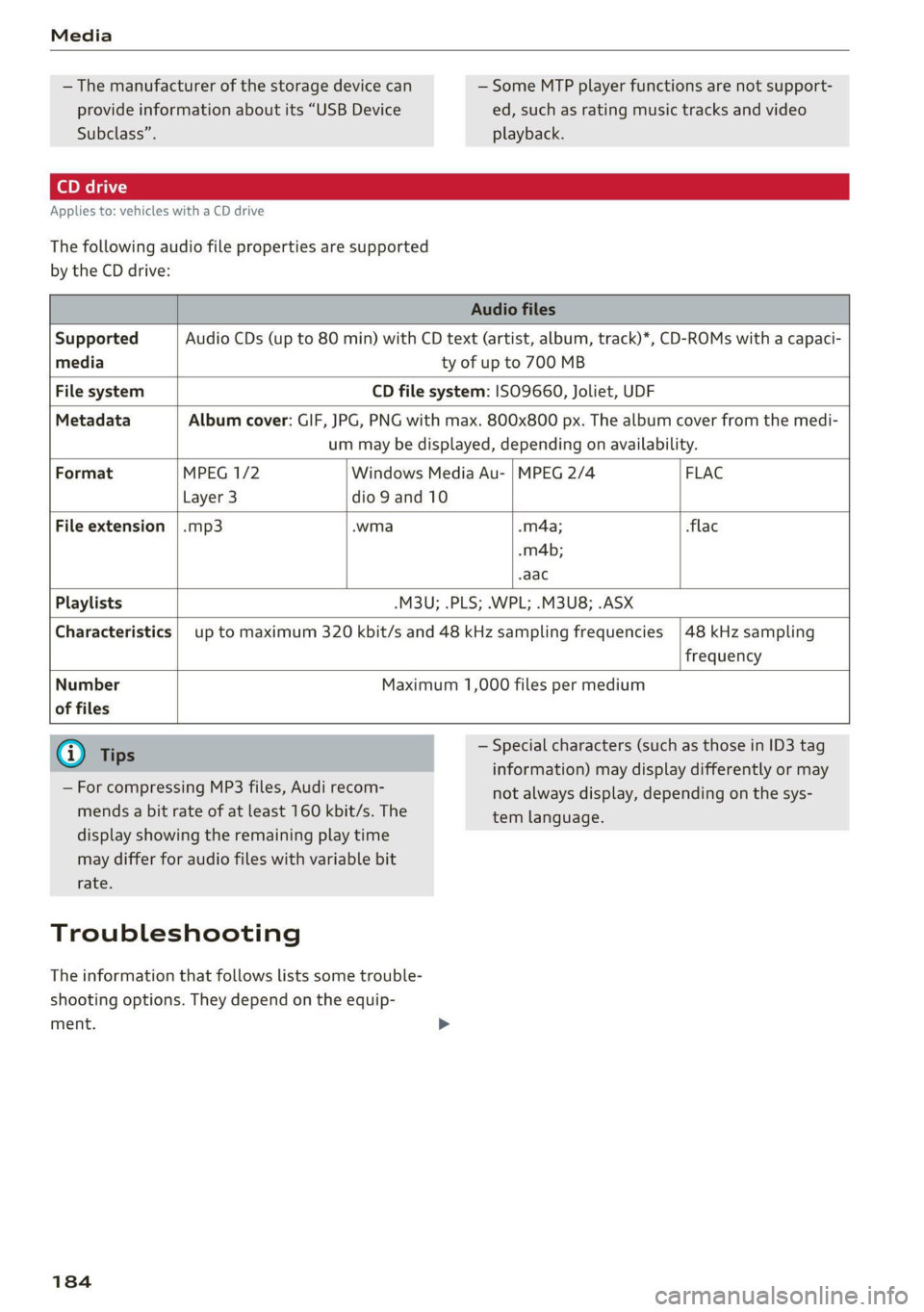 AUDI TT 2021 Owner´s Manual Media
— The manufacturer of the storage device can — Some MTP player functions are not support-
provide information about its “USB Device ed, such as rating music tracks and video
Subclass AUDI TT 2021 Owner´s Manual Media
— The manufacturer of the storage device can — Some MTP player functions are not support-
provide information about its “USB Device ed, such as rating music tracks and video
Subclass