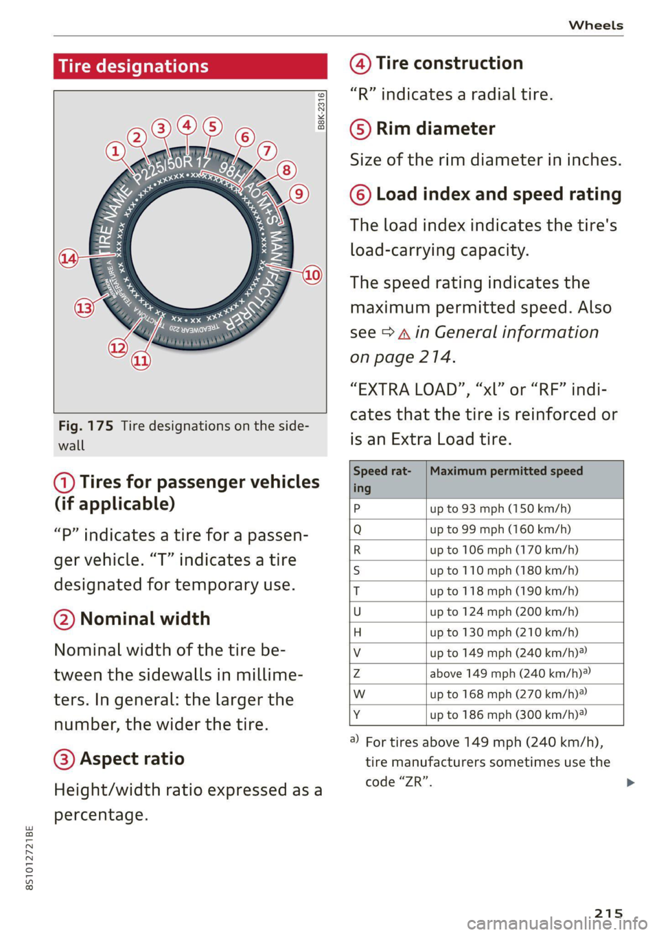 AUDI TT 2021 Owner´s Manual 8S1012721BE
Wheels
Tire designations
B8K-2316
Fig. 175 Tire designations on the side-
wall
@ Tires for passenger vehicles
(if applicable)
“P” indicates a tire for a passen AUDI TT 2021 Owner´s Manual 8S1012721BE
Wheels
Tire designations
B8K-2316
Fig. 175 Tire designations on the side-
wall
@ Tires for passenger vehicles
(if applicable)
“P” indicates a tire for a passen