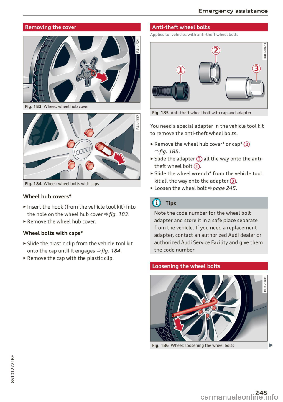 AUDI TT 2021  Owner´s Manual 8S1012721BE 
Emergency assistance 
  
    
  
Anti-theft wheel bolts 
Applies to: vehicles with anti-theft wheel bolts 
i 
v 7 
Removing the cover   
  a 8 
a  z  a 
B4H-0470 
    
      
  
  Fig. 18