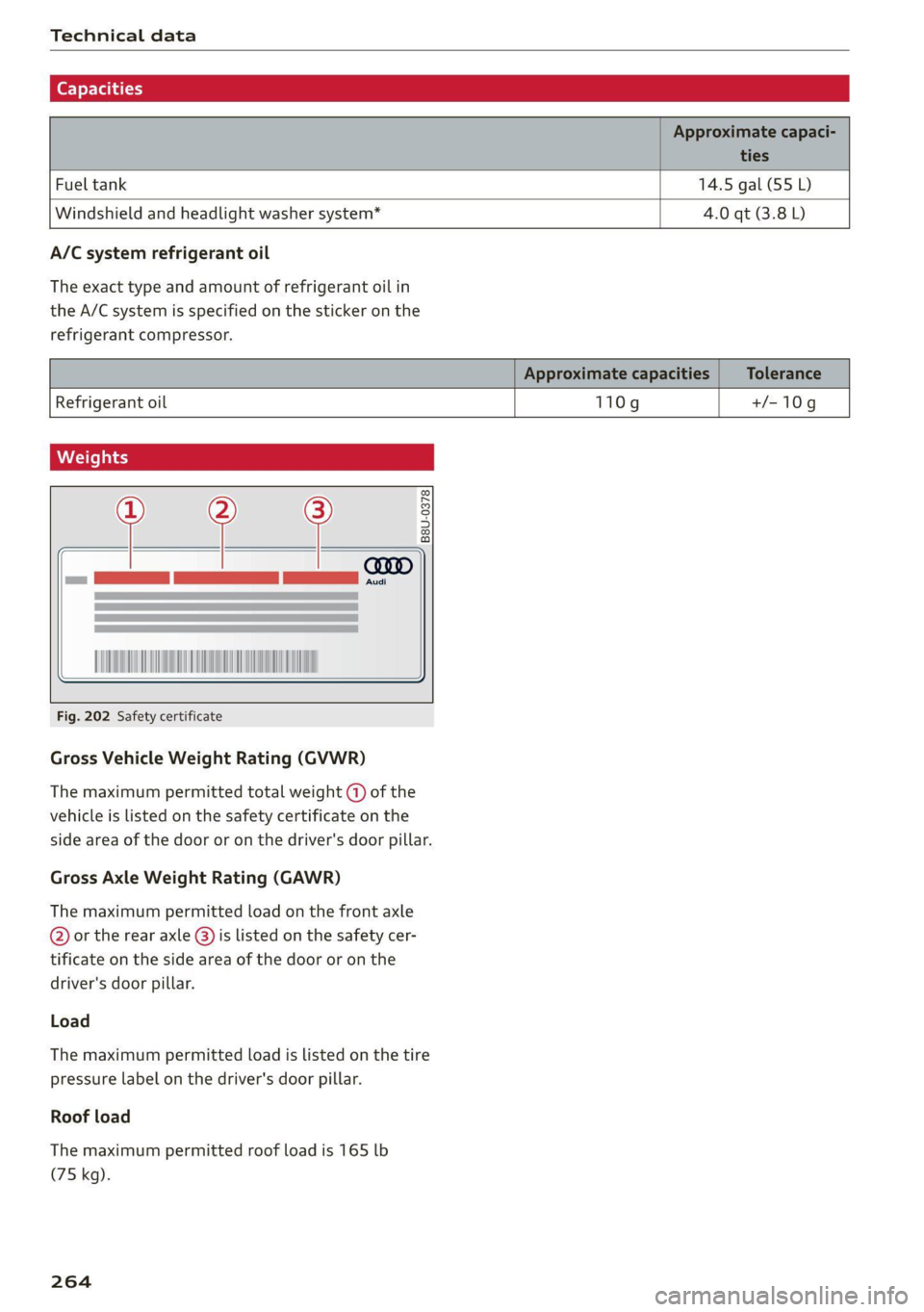 AUDI TT 2021 Owner´s Manual Technical data
(er) Feb a(t)
Fuel tank 14.5 gal (55 L)
Windshield and headlight washer system* 4.0 qt (3.8L)
A/C system refrigerant oil
The exact type and amount of refrigerant o AUDI TT 2021 Owner´s Manual Technical data
(er) Feb a(t)
Fuel tank 14.5 gal (55 L)
Windshield and headlight washer system* 4.0 qt (3.8L)
A/C system refrigerant oil
The exact type and amount of refrigerant o